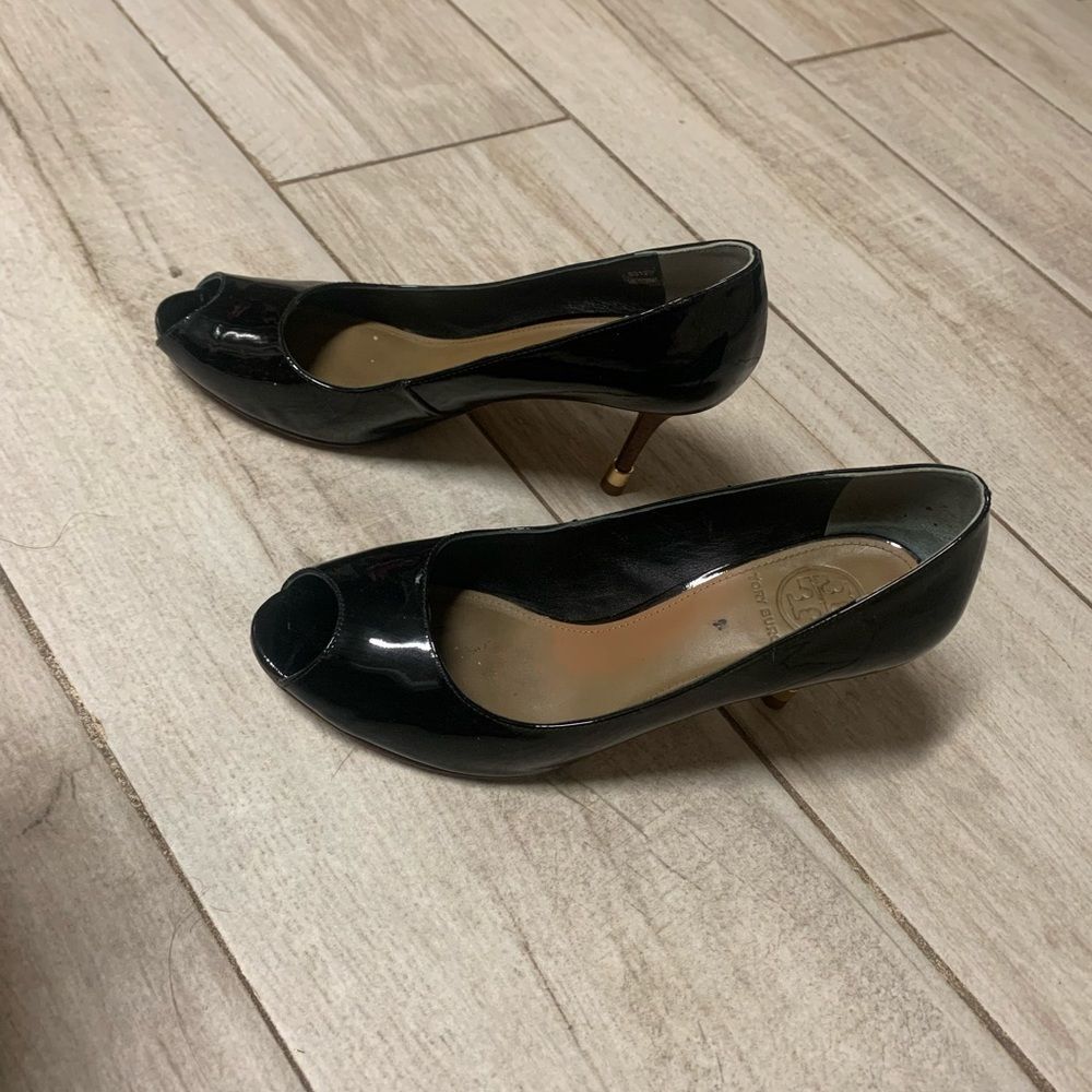 Tory Burch Rea Black Patent Peep Toe Heels